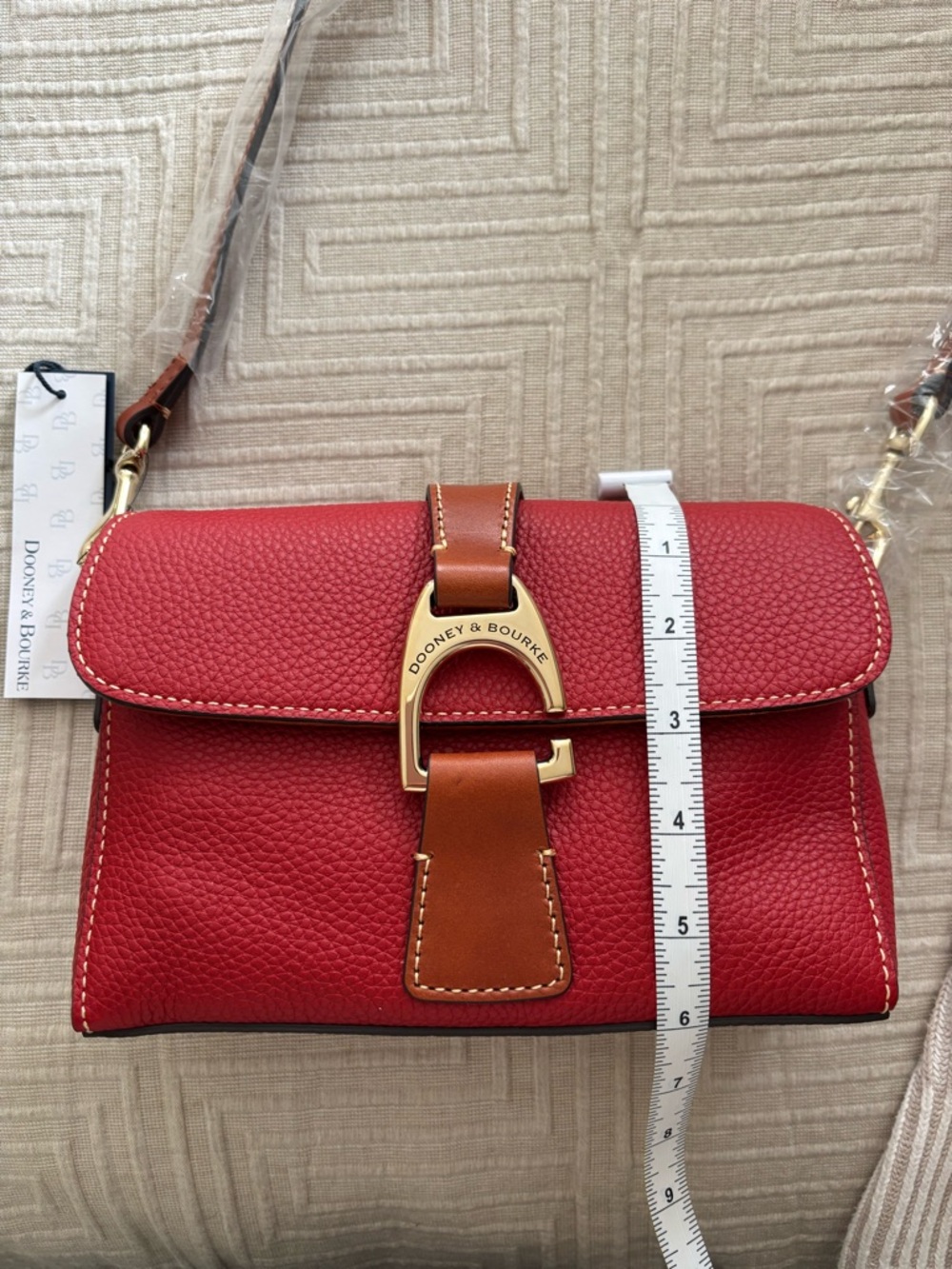 Dooney & Bourke Red Leather Shoulder Bag with Brown Trim and Gold Hardware - Picture 5 of 6